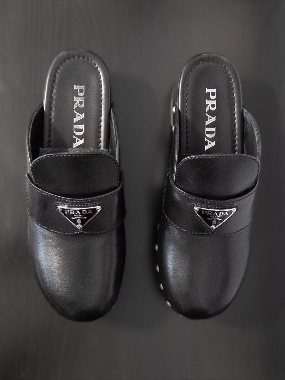 PRADA Mules Clogs Black Leather Studded Platform, Size 7 / EU 38 - Picture 3 of 13